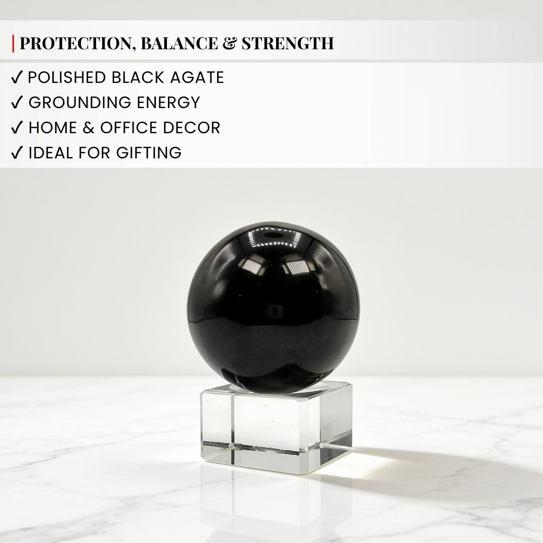 Black Agate Ball (Sphere) With Crystal Stand - plusvalueindia