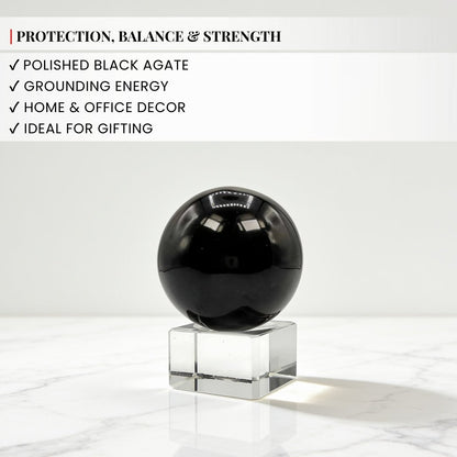 Black Agate Ball (Sphere) With Crystal Stand - plusvalueindia