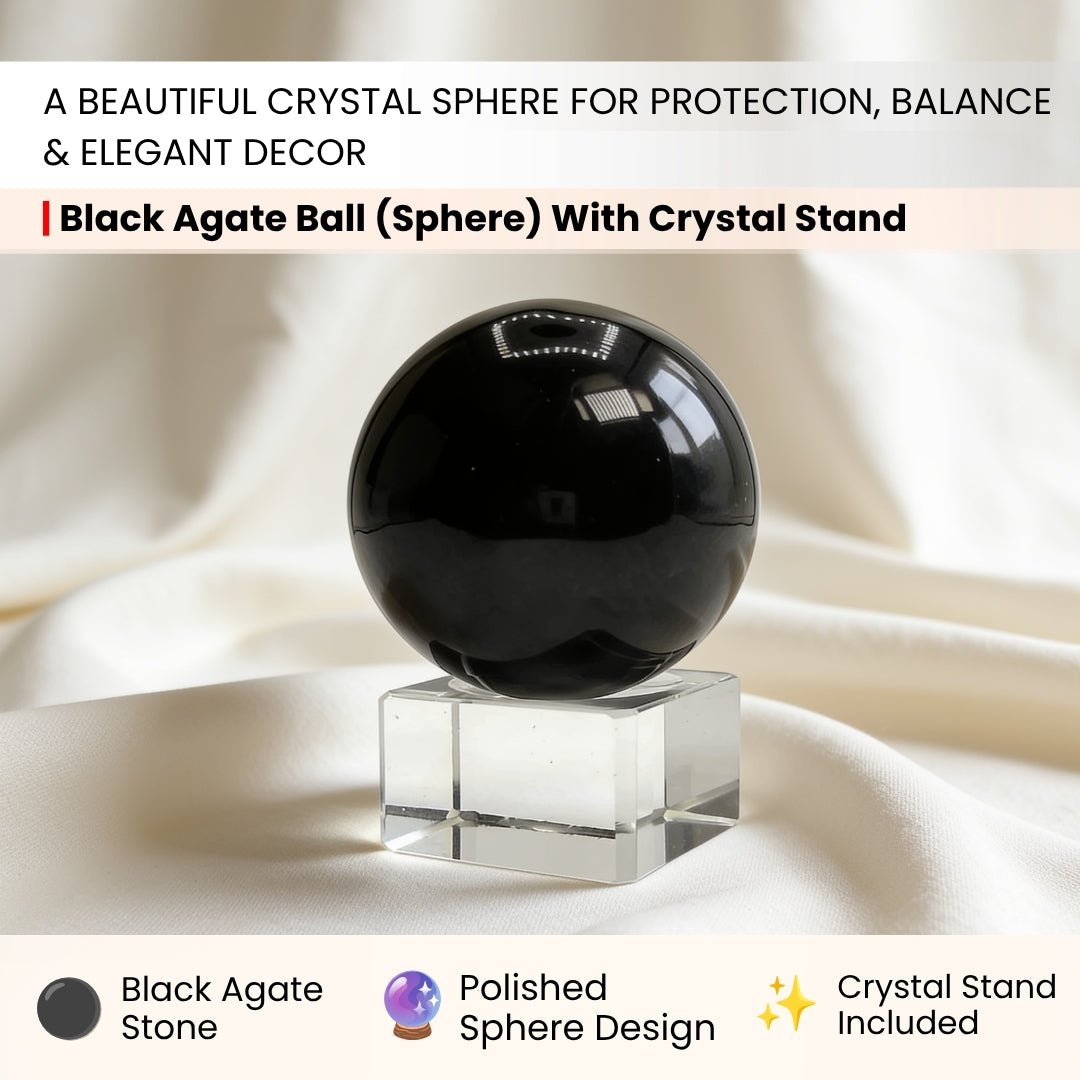 Black Agate Ball (Sphere) With Crystal Stand - plusvalueindia