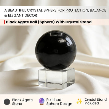 Black Agate Ball (Sphere) With Crystal Stand - plusvalueindia