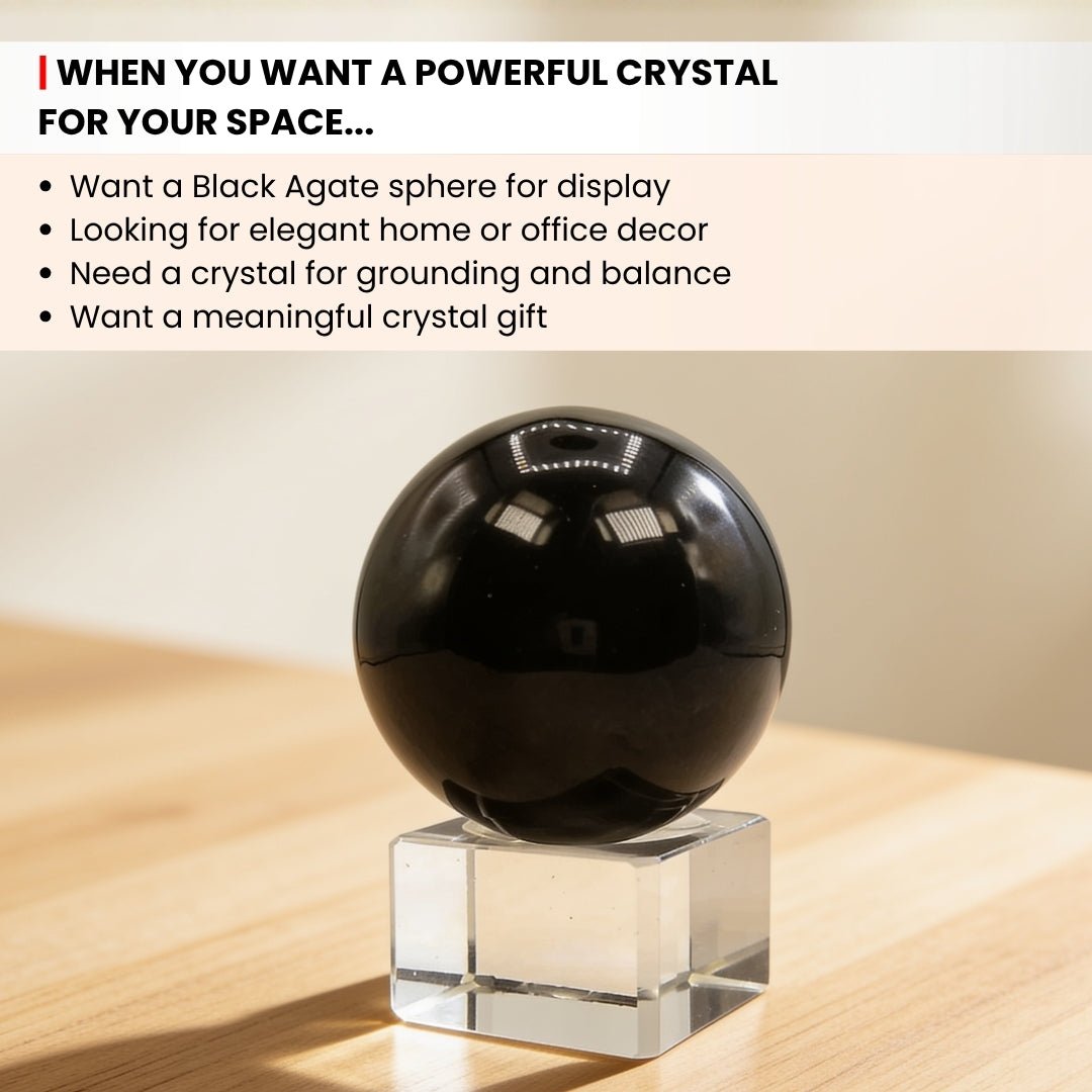 Black Agate Ball (Sphere) With Crystal Stand - plusvalueindia
