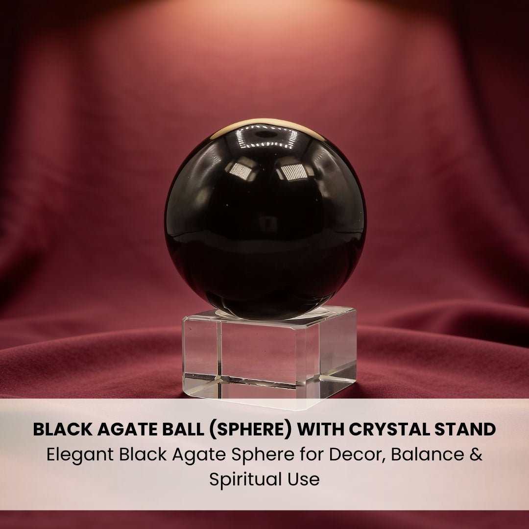 Black Agate Ball (Sphere) With Crystal Stand - plusvalueindia