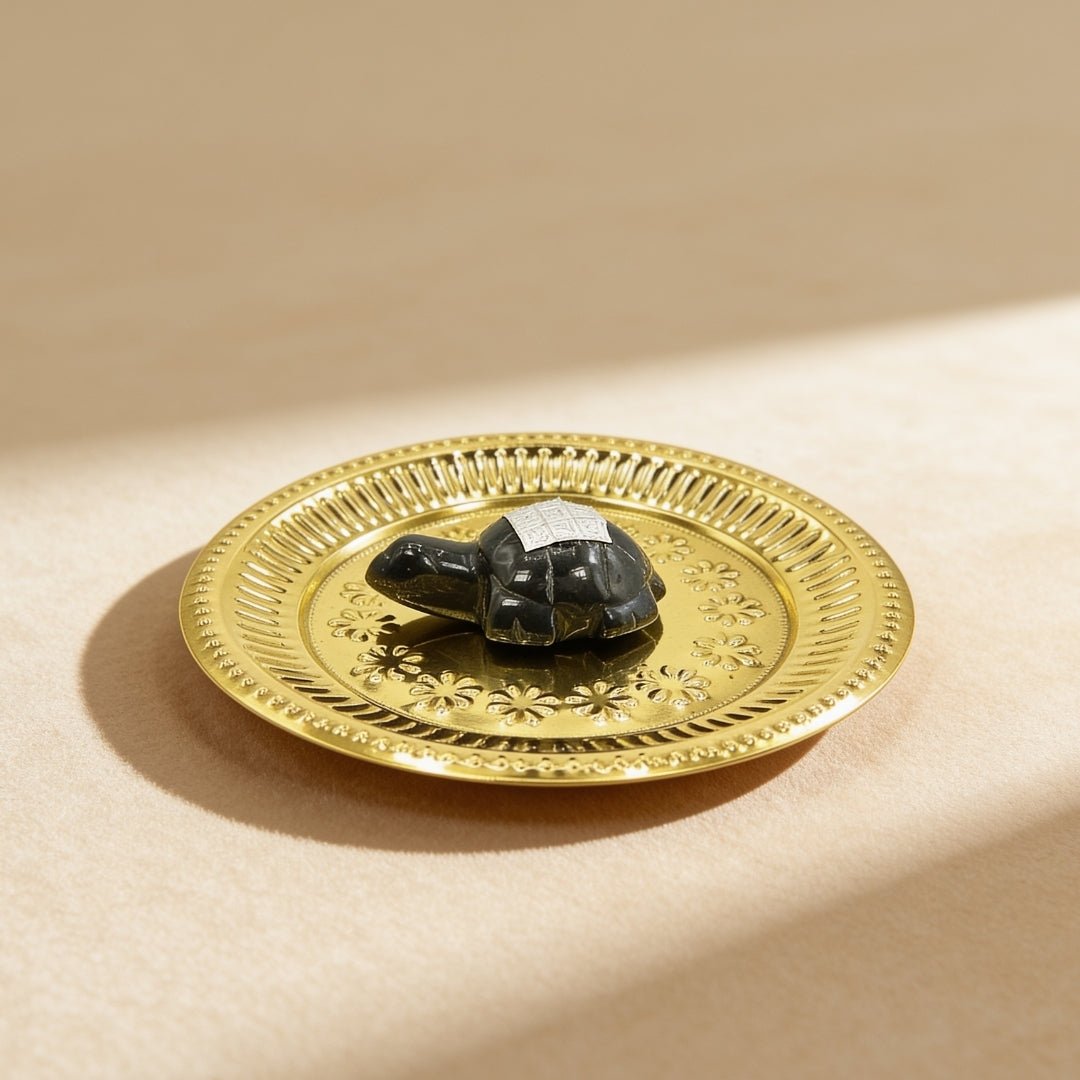 Vastu Feng Shui Black Agate Tortoise with Brass Plate - plusvalueindia