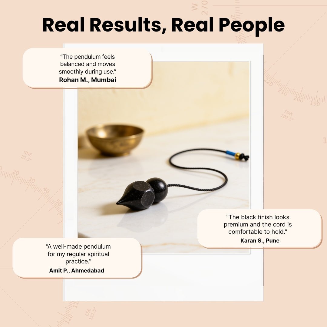 black-coated brass pendulum suspended above a dowsing chart