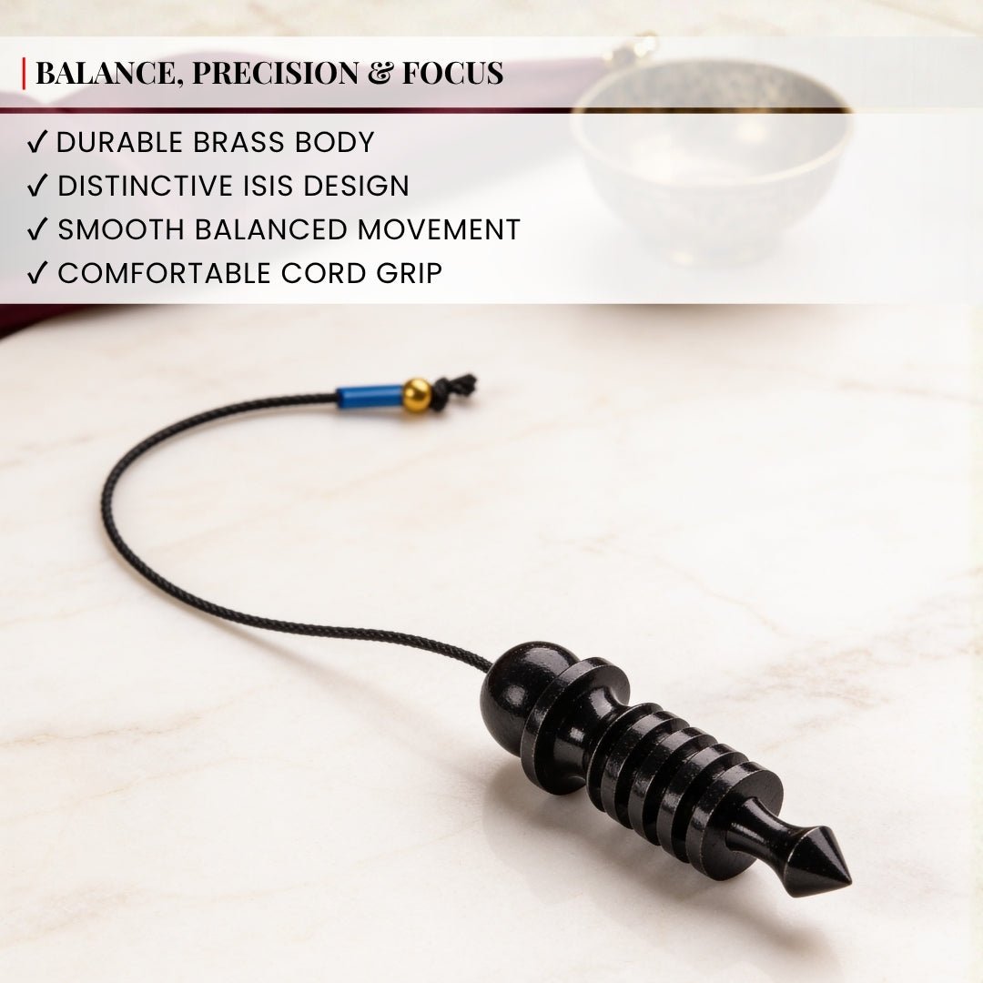 top attachment detail of the black brass Isis dowsing pendulum