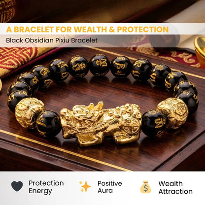 Black Obsidian Pixiu Bracelet - Wealth, Clarity & Protection - plusvalueindia