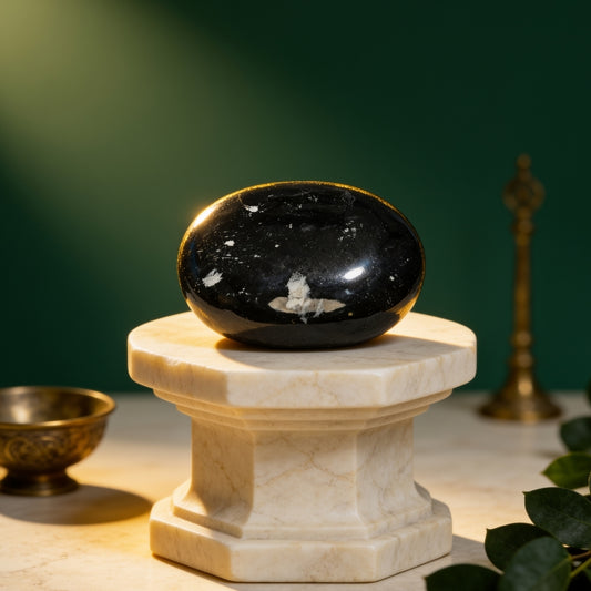 Natural polished Black Tourmaline soap stone (palm stone) for energy shielding, grounding, and Vastu protection