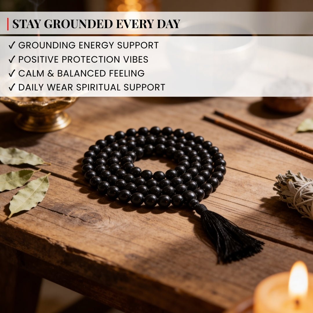 Natural Black Tourmaline Necklace Japa Mala 108 + 1 Bead (Knotted) - plusvalueindia