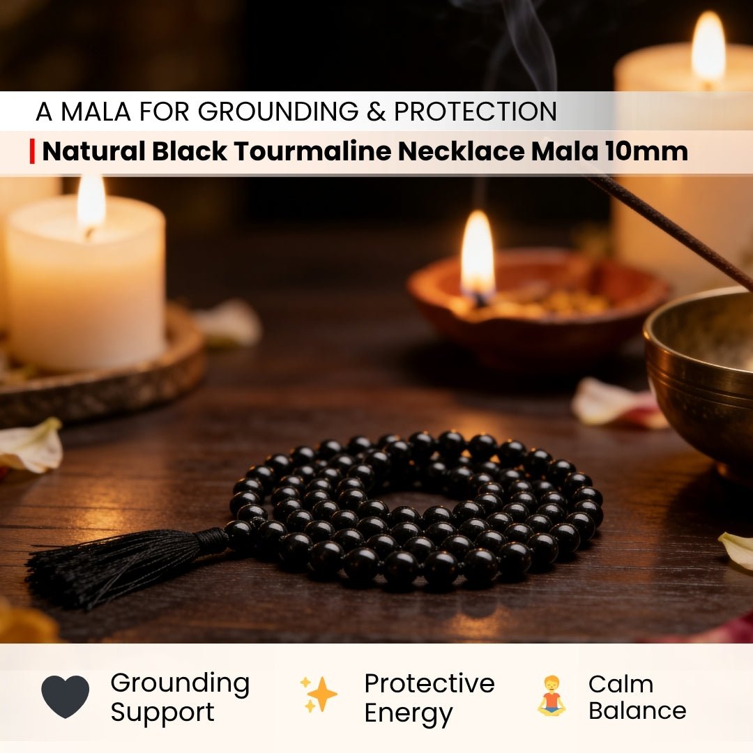 Natural Black Tourmaline Necklace Japa Mala 108 + 1 Bead (Knotted) - plusvalueindia