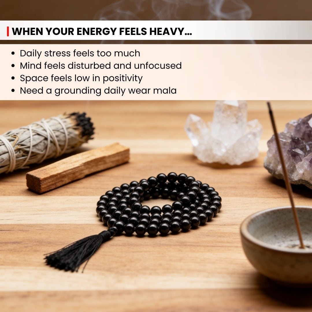 Natural Black Tourmaline Necklace Japa Mala 108 + 1 Bead (Knotted) - plusvalueindia