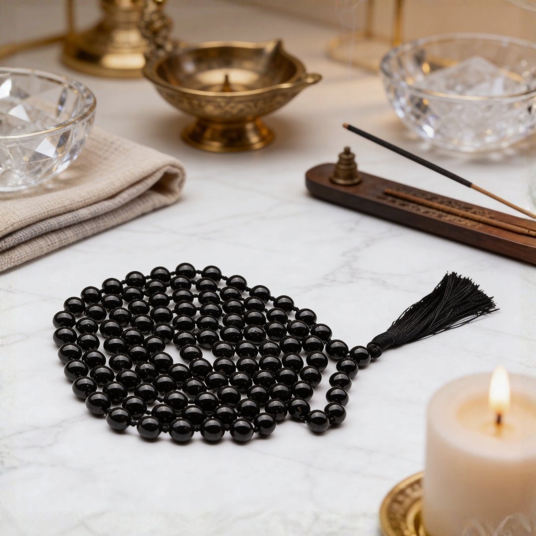 Natural Black Tourmaline Necklace Japa Mala 108 + 1 Bead (Knotted) - plusvalueindia
