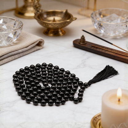Natural Black Tourmaline Necklace Japa Mala 108 + 1 Bead (Knotted) - plusvalueindia