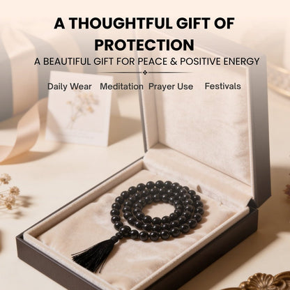 Natural Black Tourmaline Necklace Japa Mala 108 + 1 Bead (Knotted) - plusvalueindia
