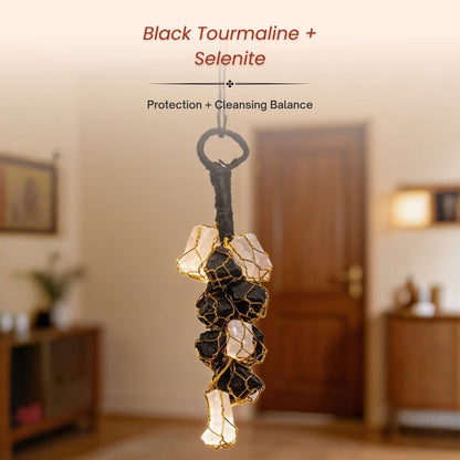 Black Tourmaline Selenite Door Hanging - Crystal Protection from Negative Energy for Home & Office - plusvalueindia
