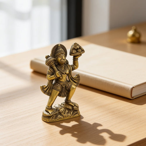 brass Blessing Hanuman idol holding the Sanjeevani mountain