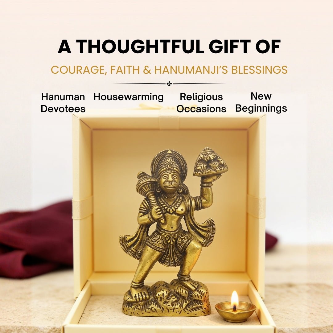 5.5-inch brass Hanuman with mountain idol held in hand for scale