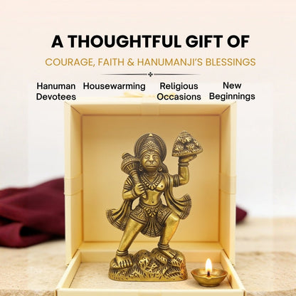 5.5-inch brass Hanuman with mountain idol held in hand for scale