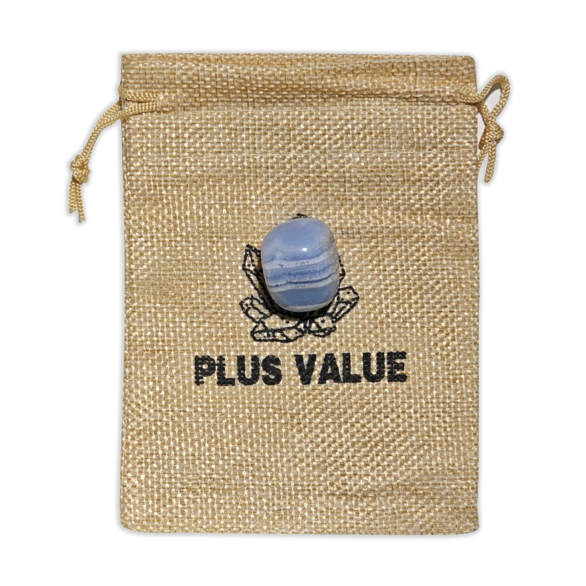 Blue Lace Agate pocket stone bag featuring natural tumbled soothing crystals in a soft drawstring pouch