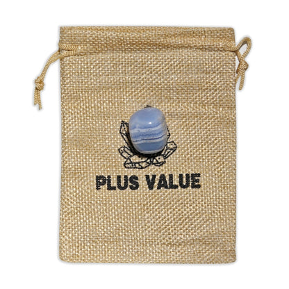 Blue Lace Agate pocket stone bag featuring natural tumbled soothing crystals in a soft drawstring pouch
