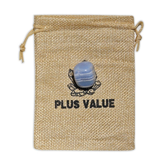 Blue Lace Agate pocket stone bag featuring natural tumbled soothing crystals in a soft drawstring pouch