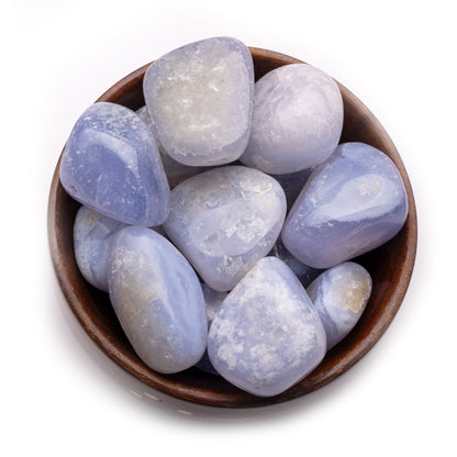 blue lace agate tumble pebble stone 300gm wooden bowl