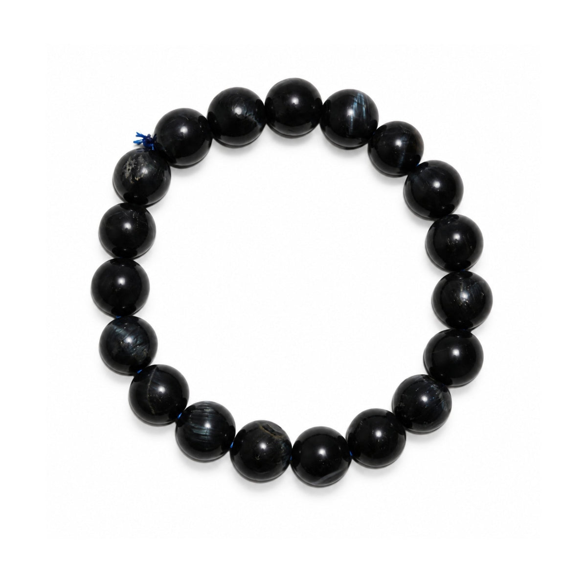 Natural Blue Tiger Eye 10 mm large round bead stretch bracelet with deep midnight-blue chatoyant bands