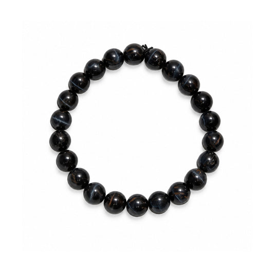 Natural Blue Tiger Eye 8 mm round bead stretch bracelet with deep midnight-blue chatoyant luster