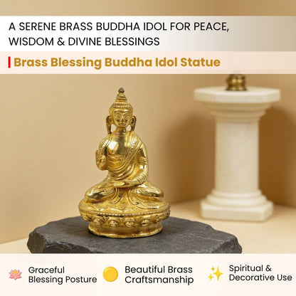 close-up of the facial features on the brass Buddha idol