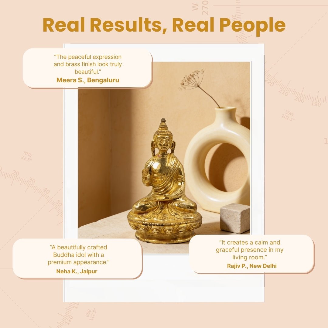 brass Blessing Buddha idol displayed on a raised surface in a meditation area