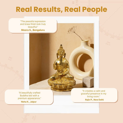 brass Blessing Buddha idol displayed on a raised surface in a meditation area