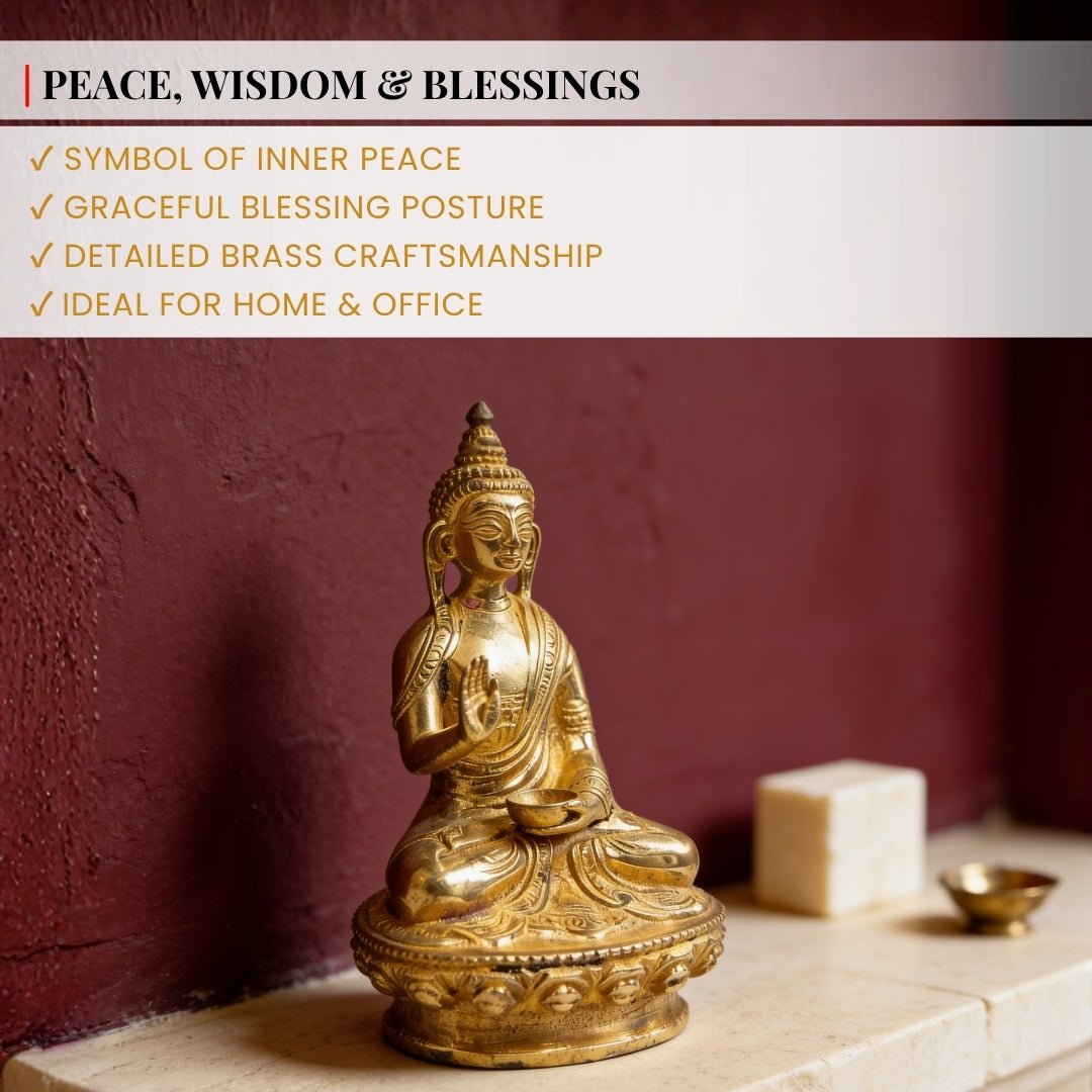 golden brass finish and surface detailing on the Blessing Buddha idol