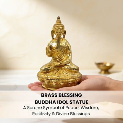 side profile showing the posture of the brass Blessing Buddha statue