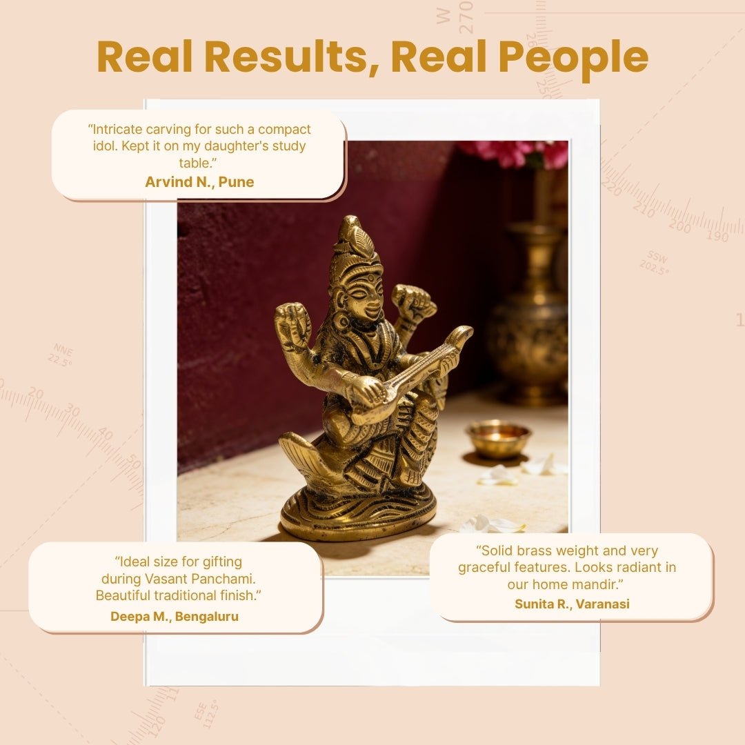 2.5-inch brass Saraswati idol nestled in red satin foam lining inside a traditional festive gift box with protective wrapping