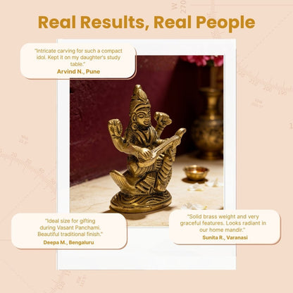 2.5-inch brass Saraswati idol nestled in red satin foam lining inside a traditional festive gift box with protective wrapping