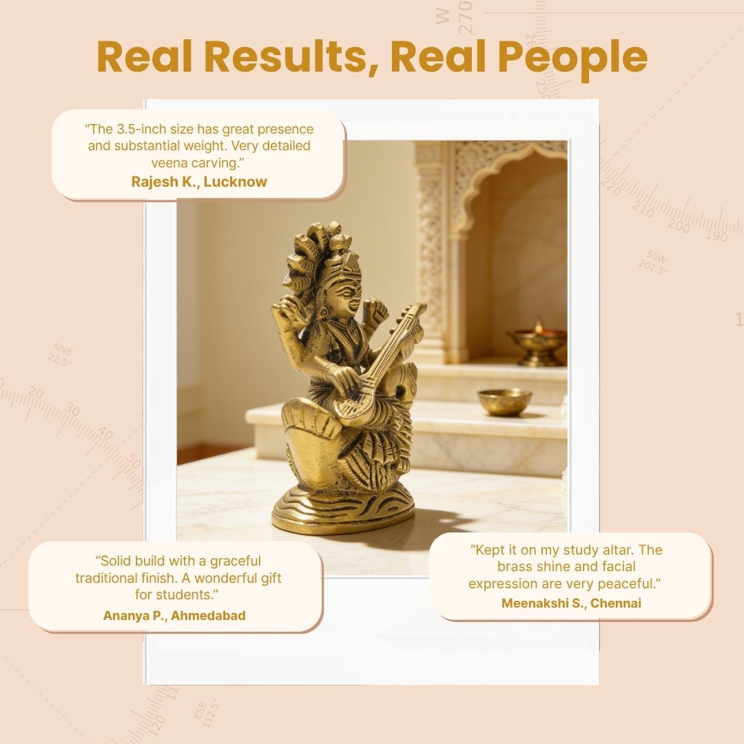 3.5-inch brass Saraswati murti nestled in cushioned velvet lining inside an elegant presentation gift box with protective wrapping