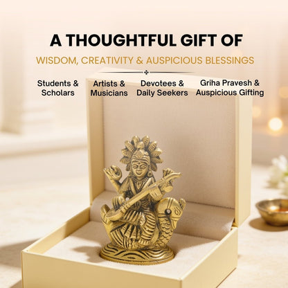 3.5-inch solid brass Saraswati idol resting in palm demonstrating substantial metallic heft, antique golden luster, and fine detailing
