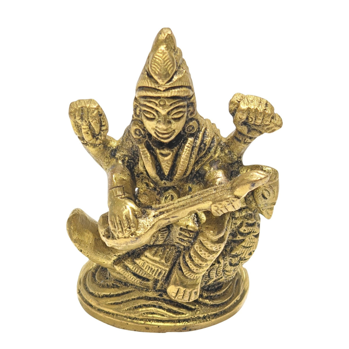 Scale measurement graphic showing 2.5 inch height, base width, and compact depth of brass Saraswati statue