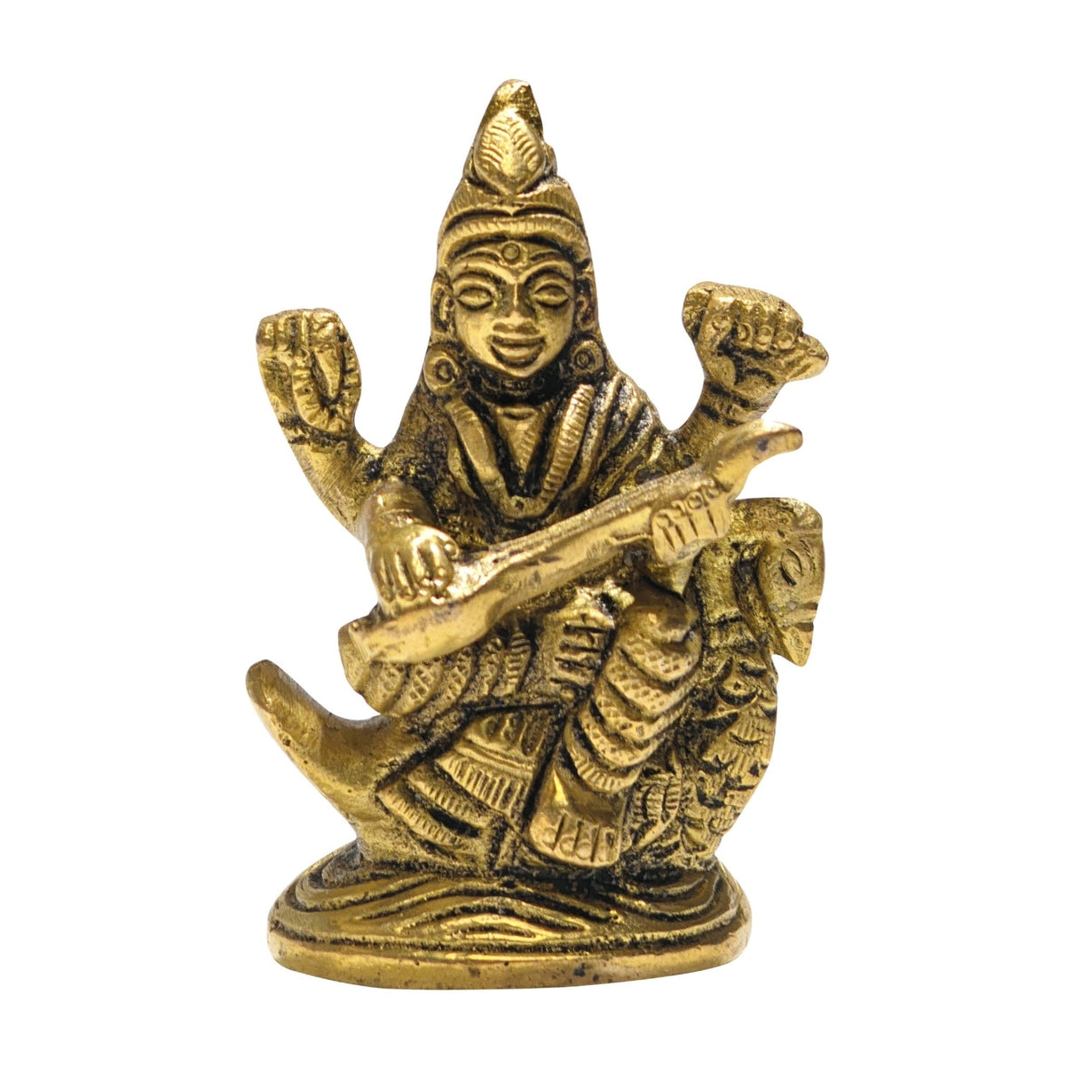 Handcrafted solid brass Goddess Saraswati idol statue 2.5 inch seated on lotus holding veena