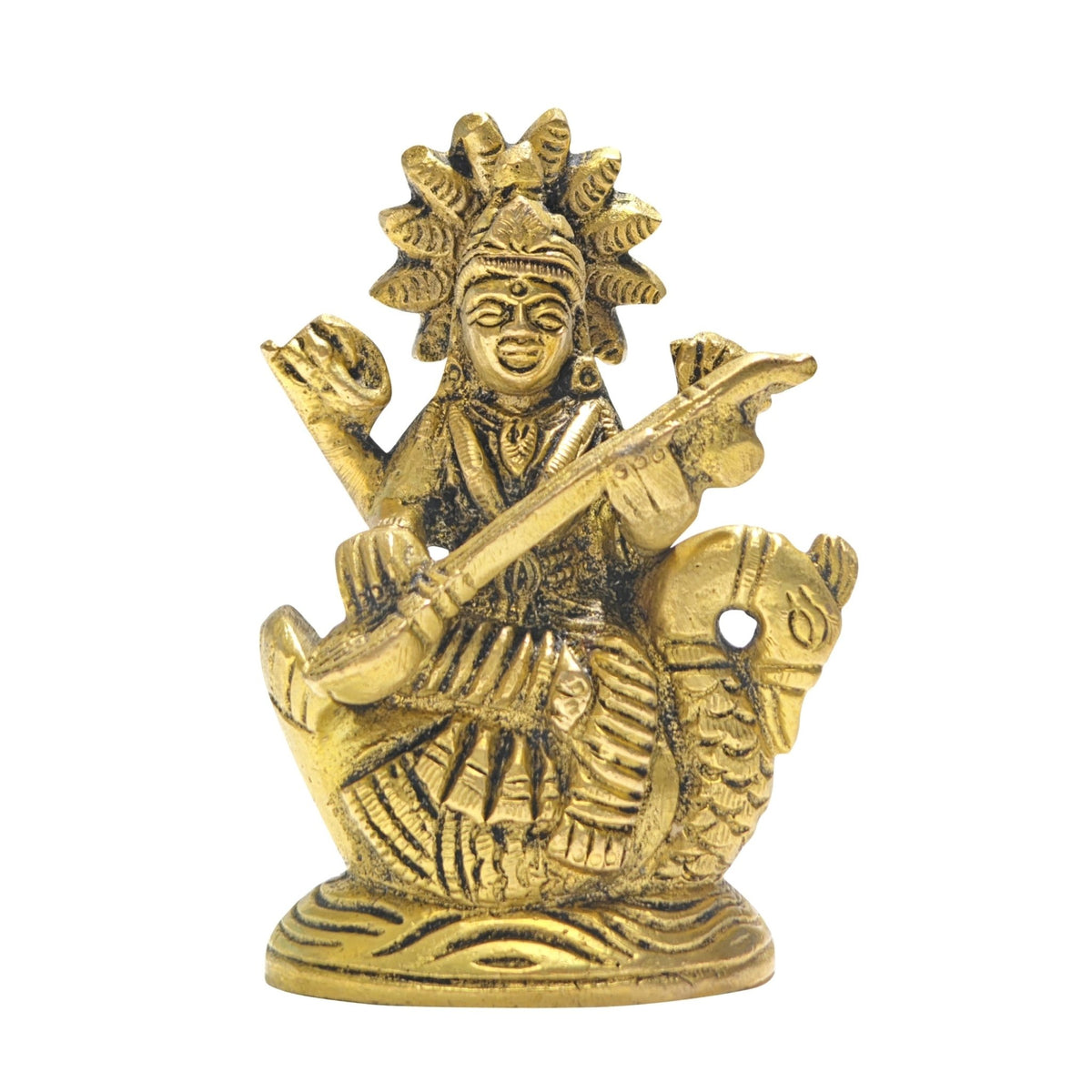 Handcrafted solid brass Goddess Saraswati idol statue 3.5 inch seated on carved lotus base playing veena