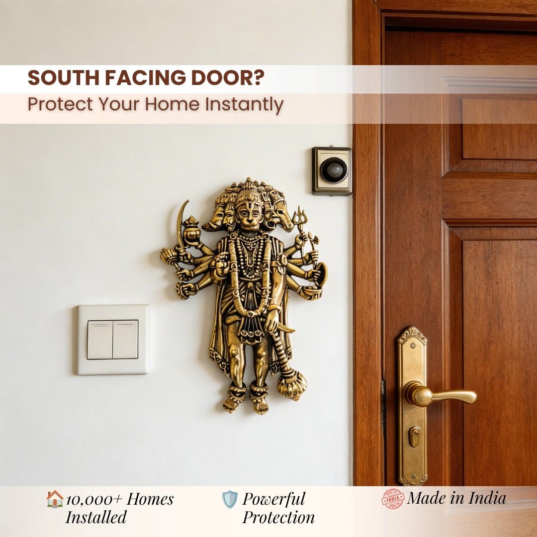 Panchmukhi Hanuman Brass Idol for Main Door - South & South-West Facing Vastu Protection, 4 inch - plusvalueindia