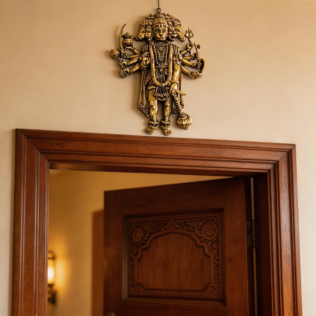 Panchmukhi Hanuman Brass Idol for Main Door - South & South-West Facing Vastu Protection, 4 inch - plusvalueindia