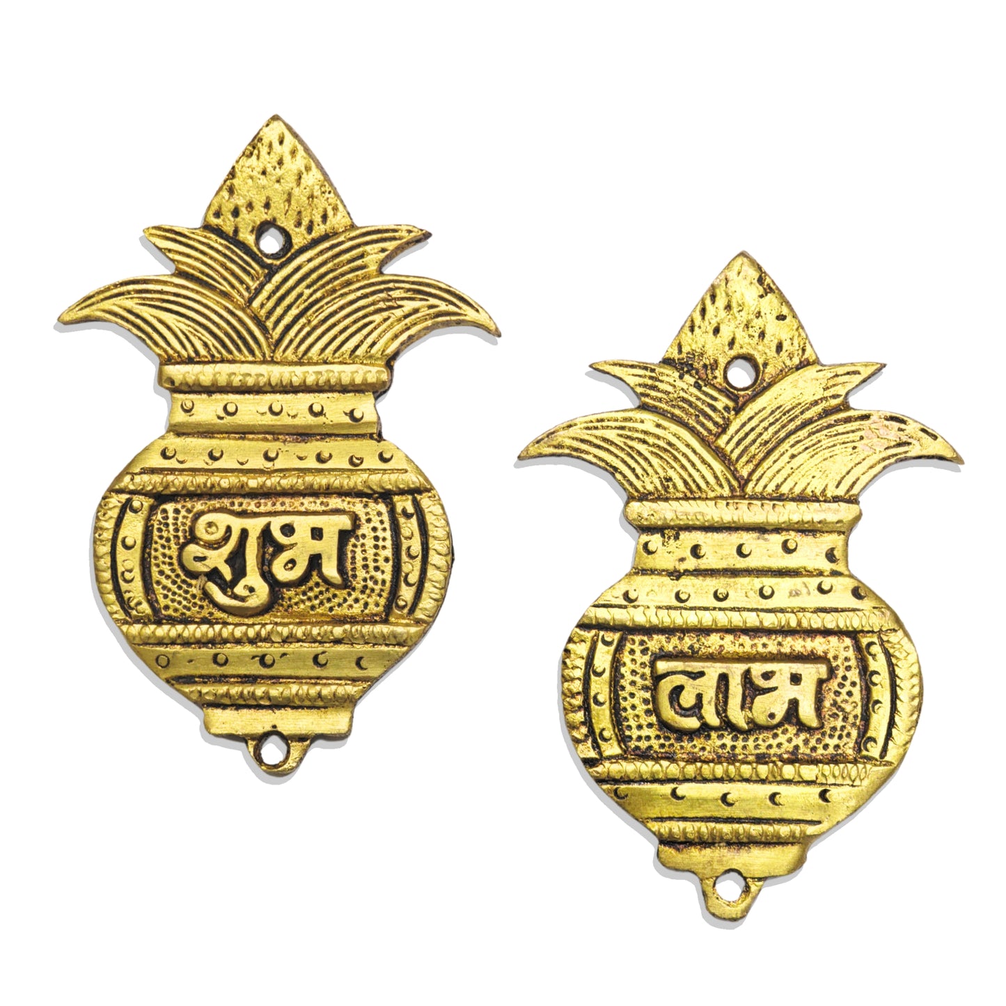 Shubh Labh Kalash Door Hangings (Pair) are Handcrafted in Pure Brass (Pital) with an Elegant Antique-Gold Finish.