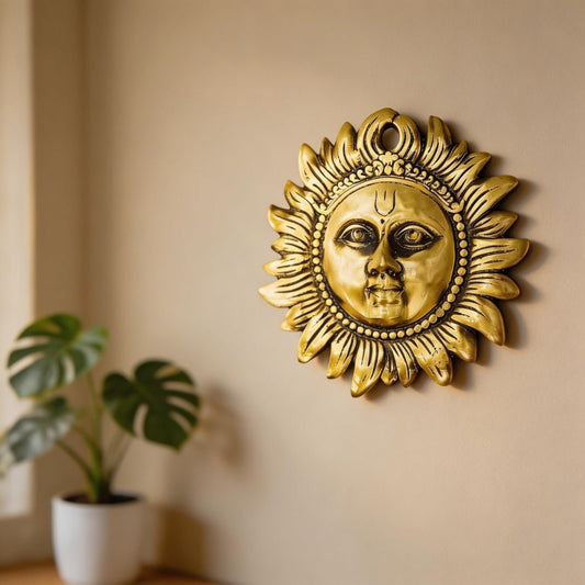 Brass Sun Face Wall Hanging – Surya Dev Idol for Vastu & Feng Shui Remedies (7.5 x 7.5 Inches) - plusvalueindia