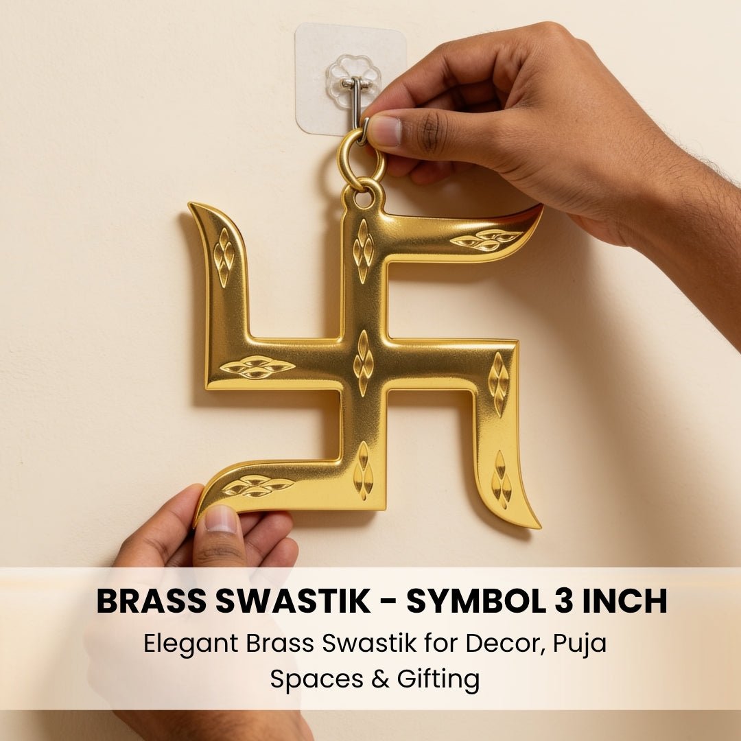 Brass swastik for main door, 3 inch, shown mounted at eye level on the door frame