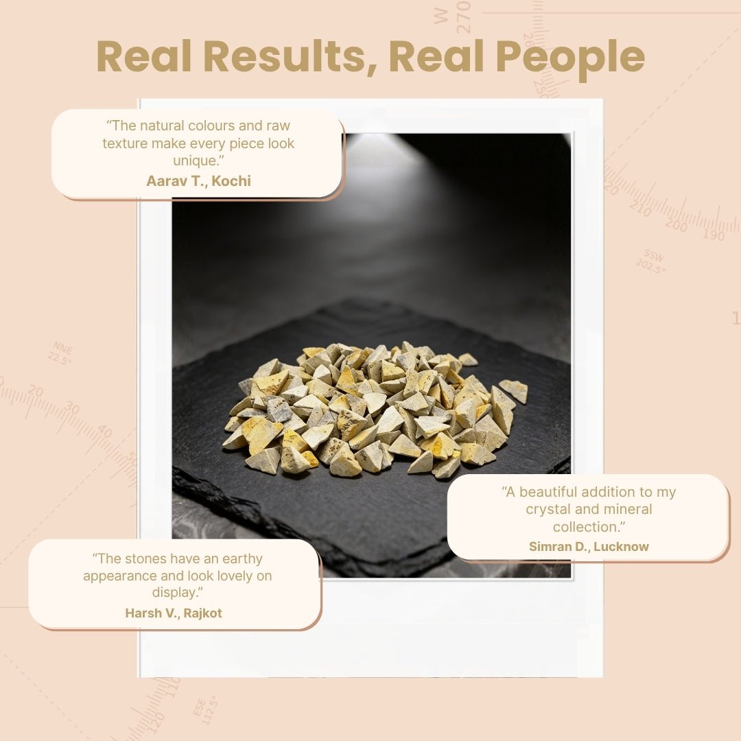 Bumble Bee Jasper raw chunks arranged beside the included jute bag