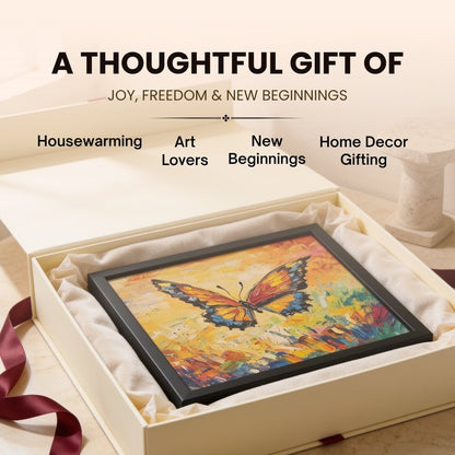 framed butterfly painting displayed on a living room wall