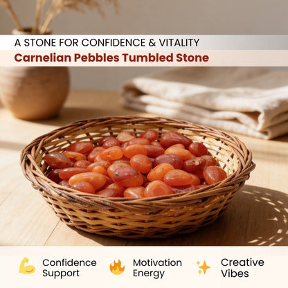 Carnelian Pebbles Tumbled Stone with Cane Basket 750gm - plusvalueindia