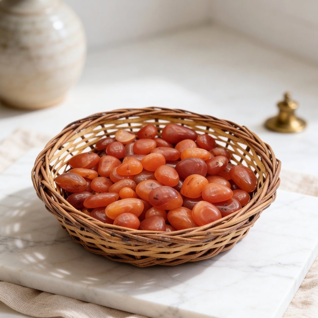 Carnelian Pebbles Tumbled Stone with Cane Basket 750gm - plusvalueindia