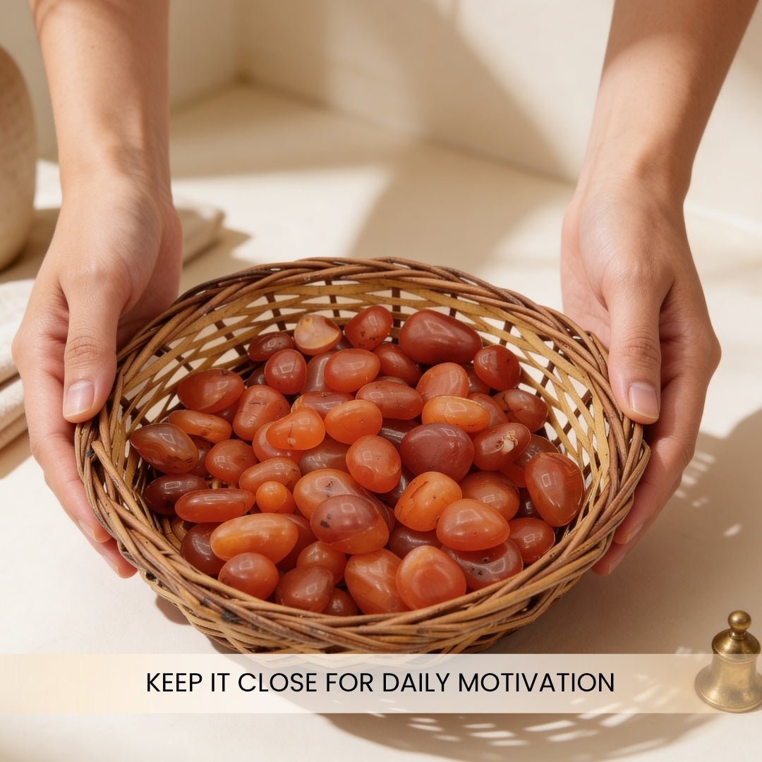 Carnelian Pebbles Tumbled Stone with Cane Basket 750gm - plusvalueindia