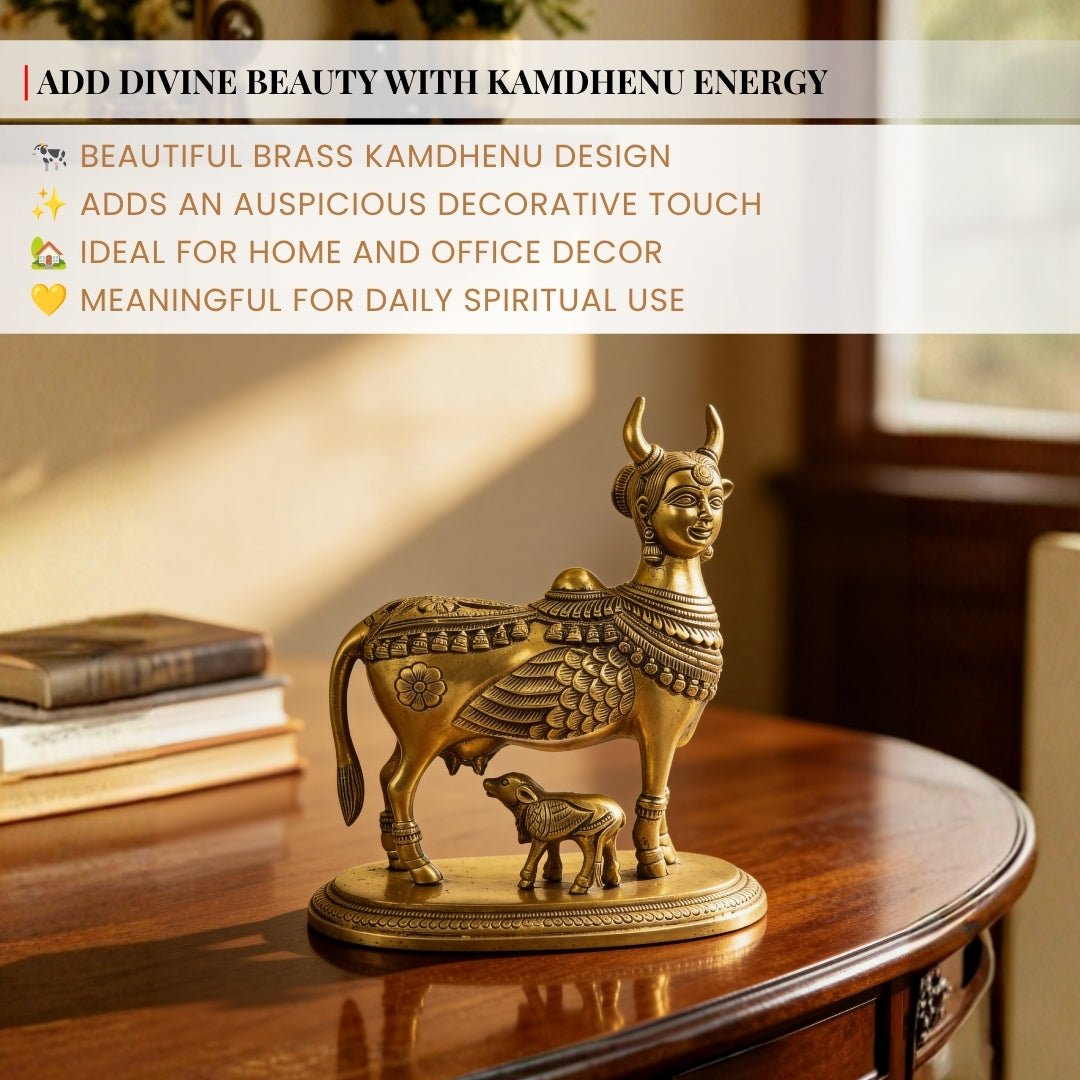 Premium Brass Celestial Kamdhenu Cow 9 x 7.5" Vastu Product Home - plusvalueindia